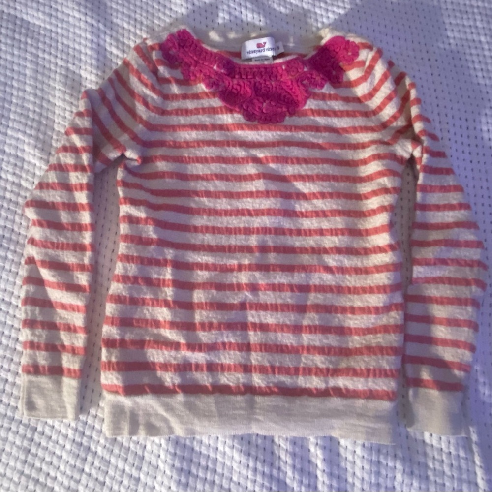 Vineyard Vines Girls Size Small Merino Wool Sweater Striped Embroidered Flower